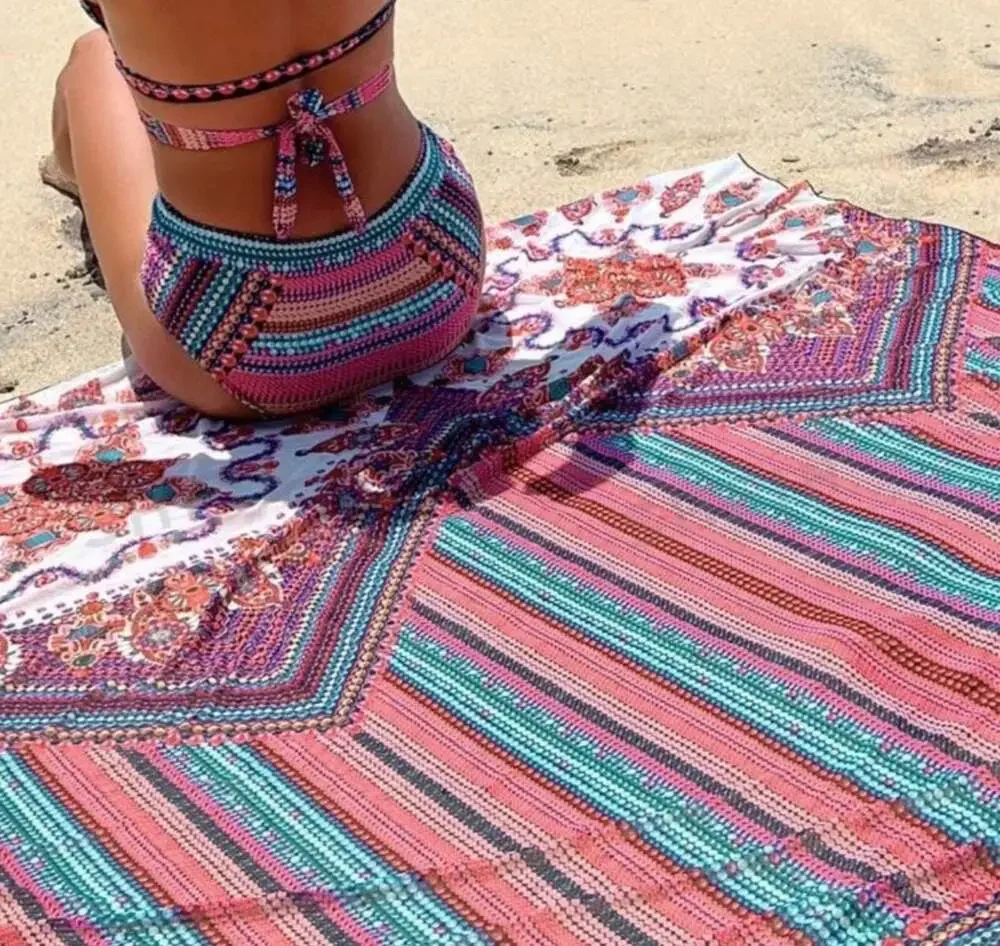 Tribal Print 3 Piece Crisscross Bikini Set with Matching Sarong